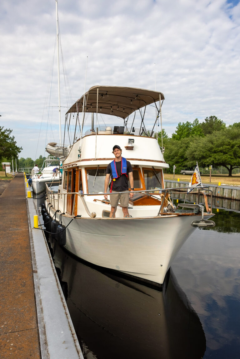 Elliot at the bow of PIVOT in the Deep Creek Lock