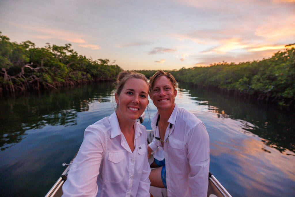 Jenn and Elliott in their UV long sleeve shirts, one of the best gift ideas for boaters