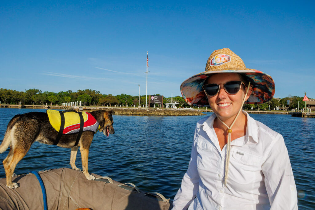 Jenn wearing her Hemlock Hat, one of the best gift ideas for boaters