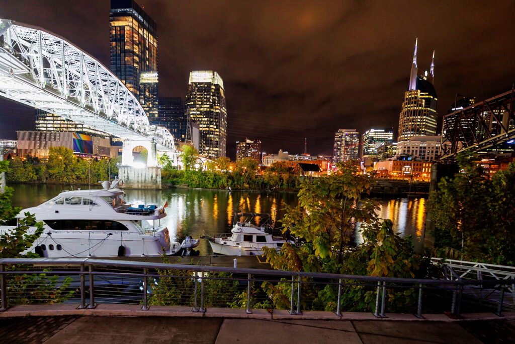 Docked in downtown Nashville, looking over the city skyline at night on the Nashville Side Trip