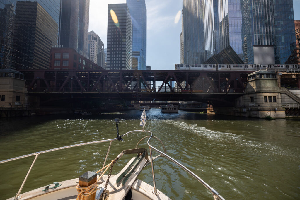 Our Great Loop boat going under the Lowest Bridge in Downtown Chicago