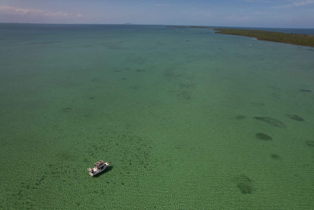 Pivot, our Great Loop boat, anchored in the Florida Keys in only 4.5 feet of water.