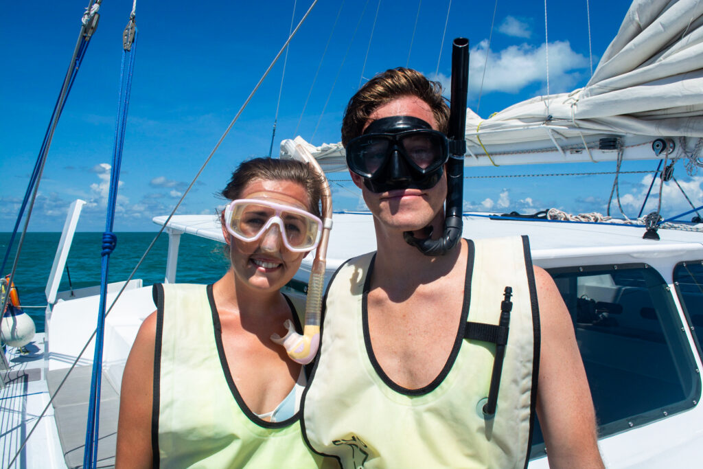 Jen and Elliot ready for snorkeling in Florida with their snorkel masks on!