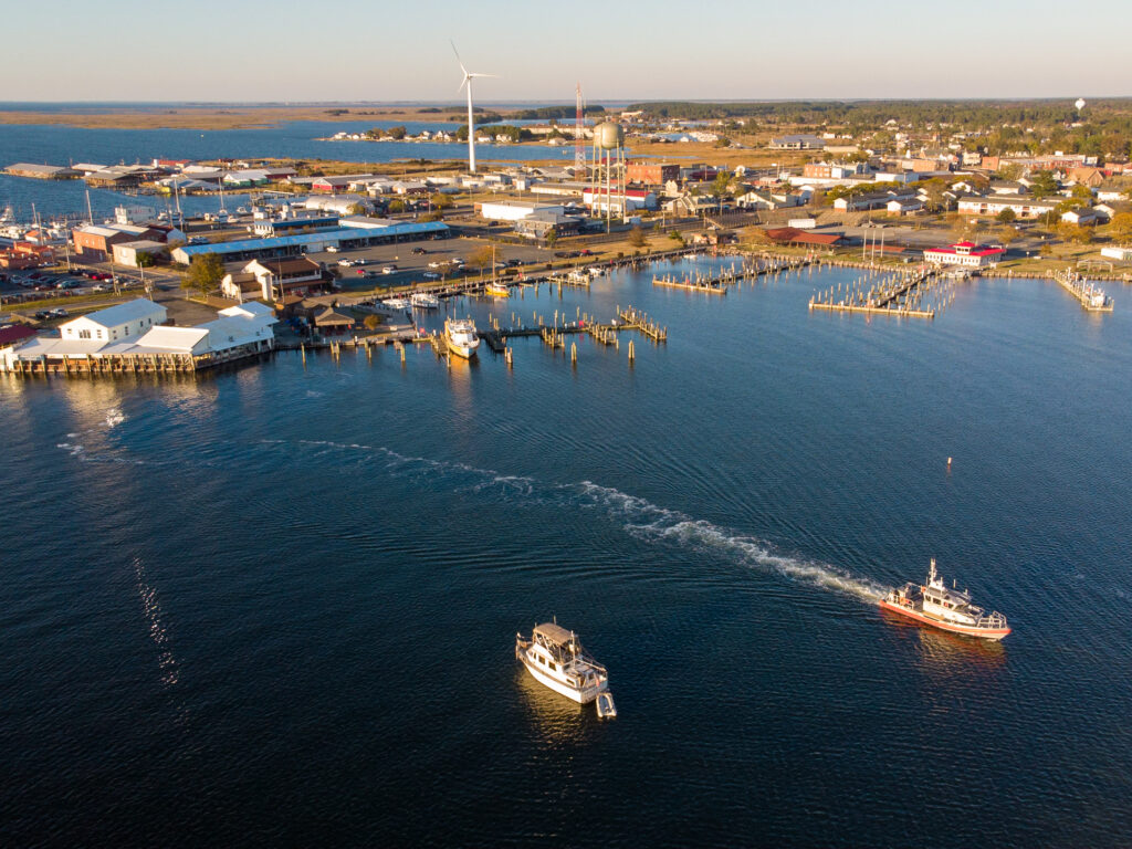 Drone view  of the port of Crisfield, Maryland, one of the best Chesapeake Bay Towns