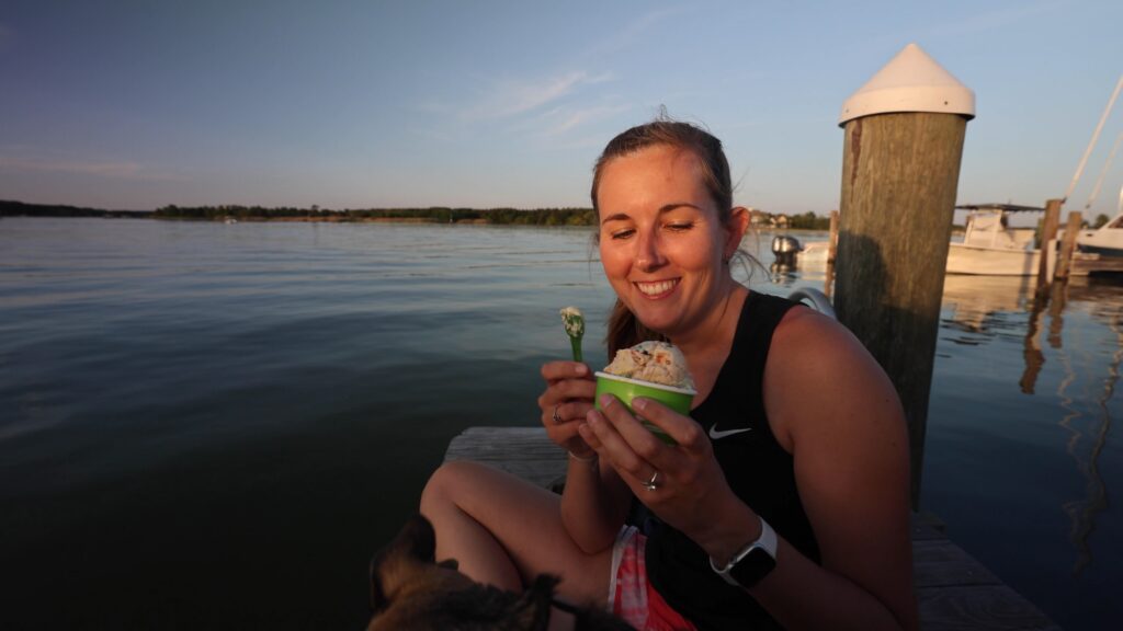 jen eating ice cream at the dock oxford md