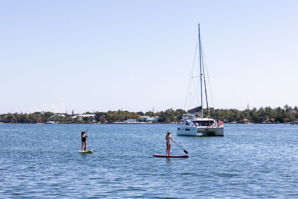 Jen and Molly on SUPs near Islamorada; Florida Keys Kayaking