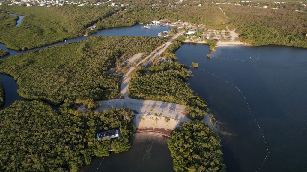 Arial shot of John Pennekamp State Park looking at the mangroves; Florida Keys Kayaking