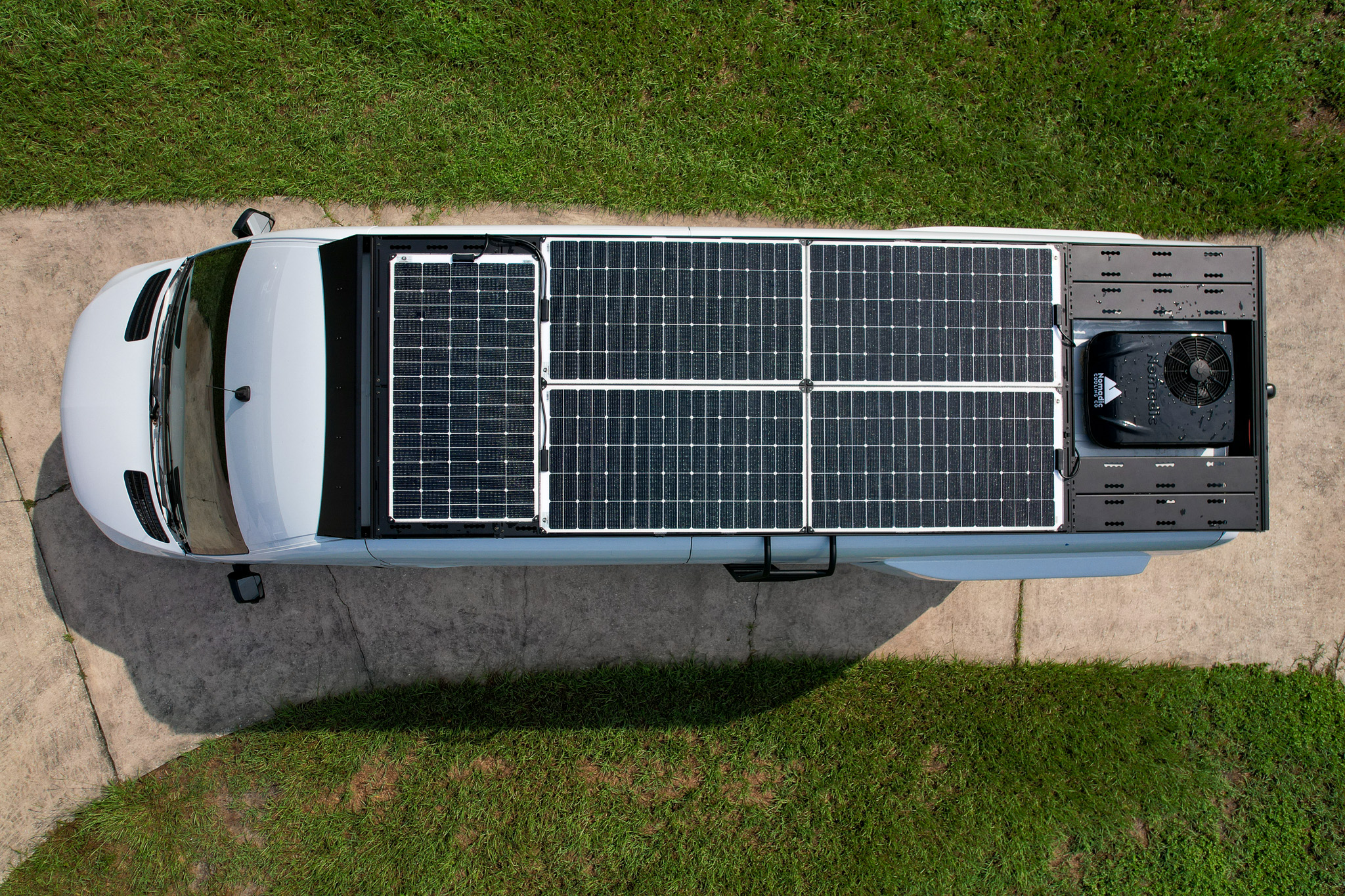 drone shot of our solar roof deck showing 5 solar panels